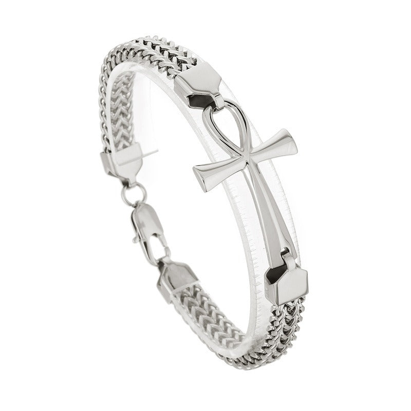 Kemstone Titanium Steel Rock 'n' Roll Dual-Weave Chain Bracelet with Vintage Cross Pendant KB164177-KFC