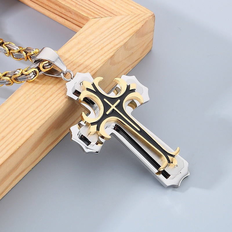 Kemstone Triple-Layer Gothic Cross Pendant Necklace – Stainless Steel Byzantine Chain KP78915