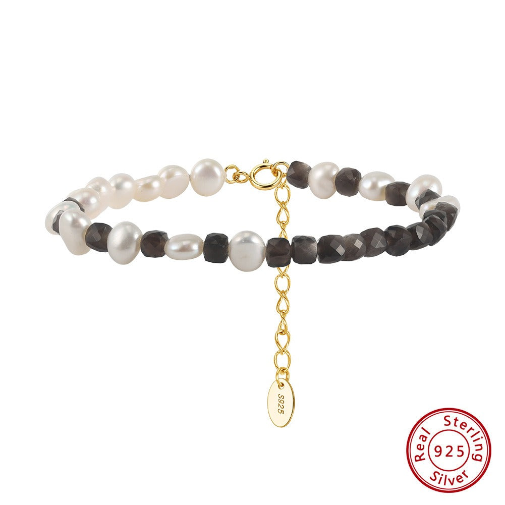 Kemston Silver Sheen Obsidian & Freshwater Pearl Beaded Bracelet for Women 925 Sterling Silver MPB26