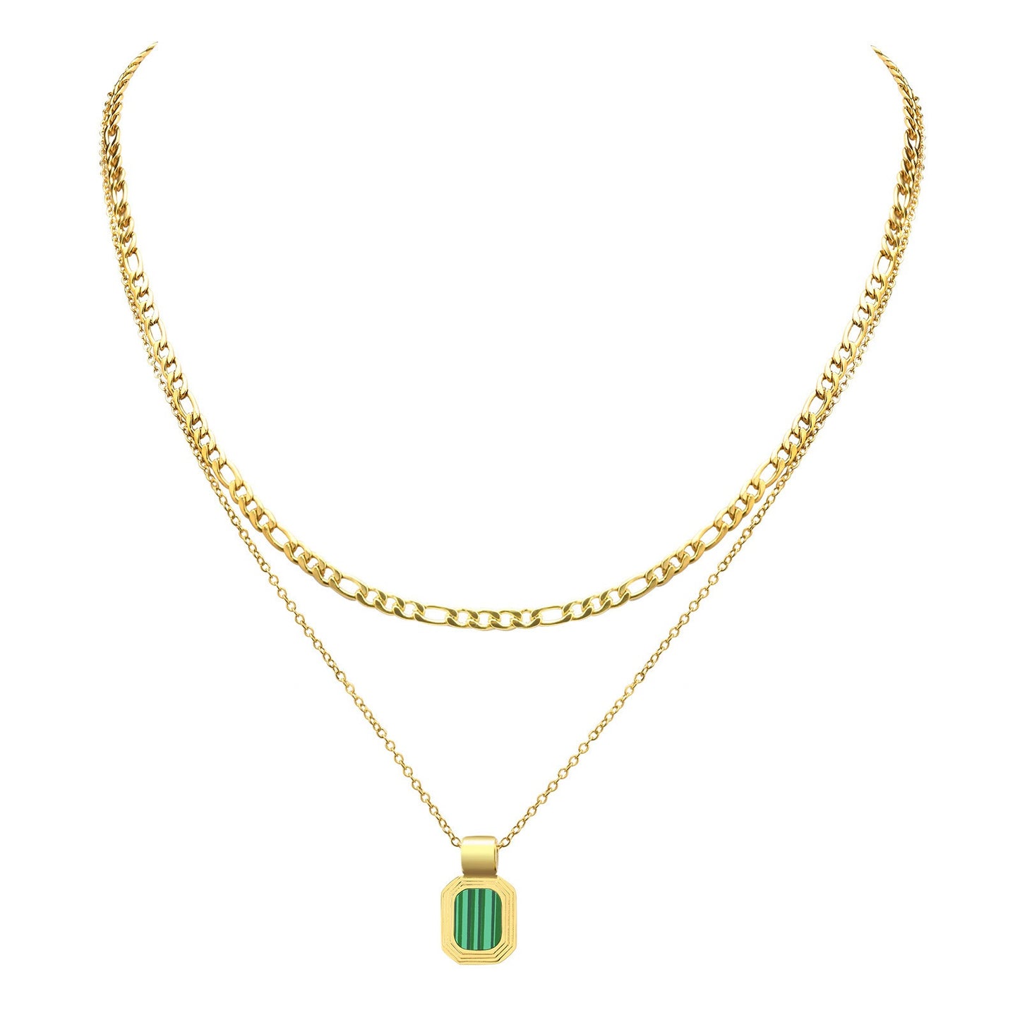 Collar Kemstone de acero inoxidable con placa cuadrada geométrica de doble capa - Colgante minimalista dorado para mujer NC-849