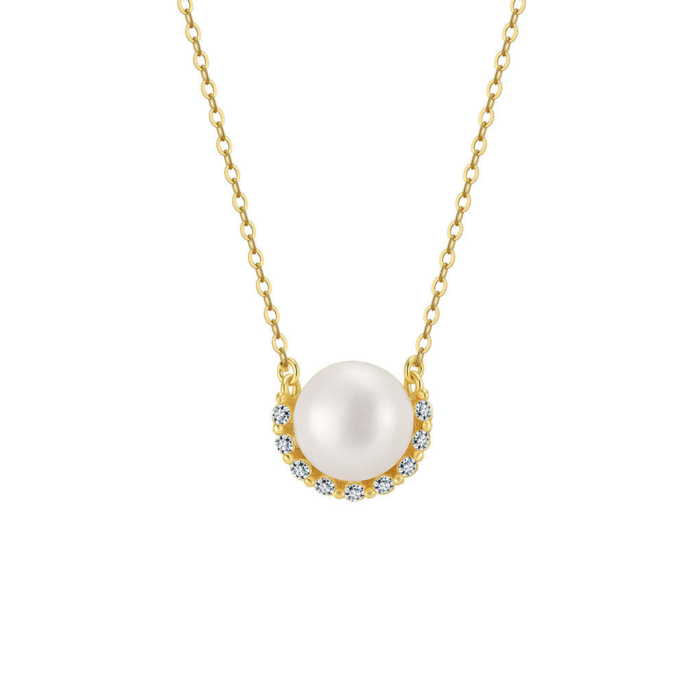 Kemstone 925 Sterling Silver Freshwater Pearl Pendant Necklace – 7.5–8mm Pearl Smile Necklace for Women, Gold & Silver Dainty Jewelry Gift A4-GPN87