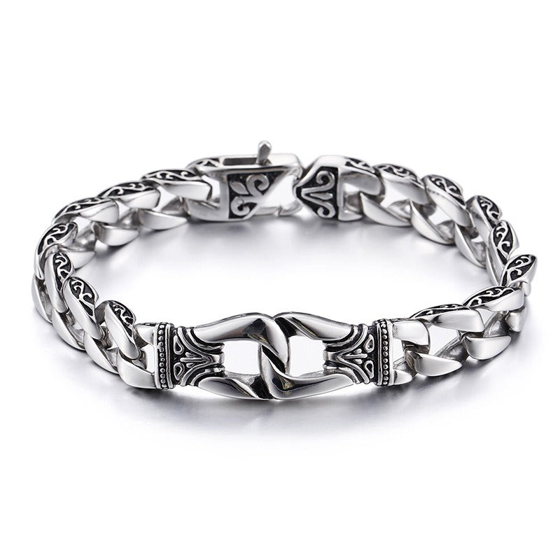 Kemstone Men's Vintage Cuban Chain Bracelet – Engraved Titanium Steel Punk Cuff for Gothic Streetwear KB80116-BD