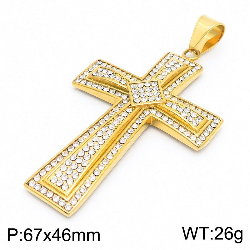 Kemstone Titanium Steel Gold Dual Cross Pendant Necklace – Hip Hop Cubic Zirconia Hollow Design KP130467