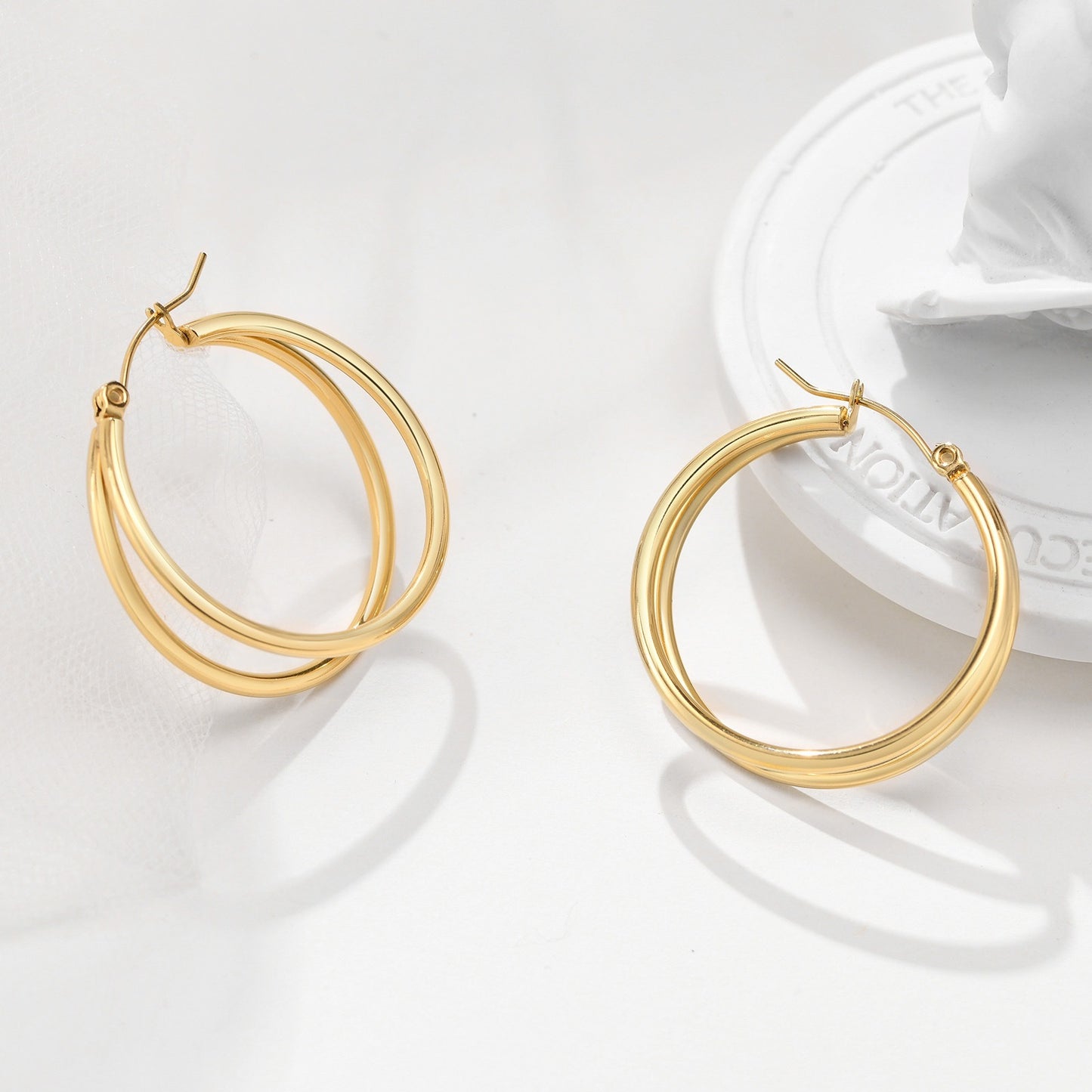 Aros dorados de doble tubo Kemstone de 32 mm, acero inoxidable ligero para mujer EH-339