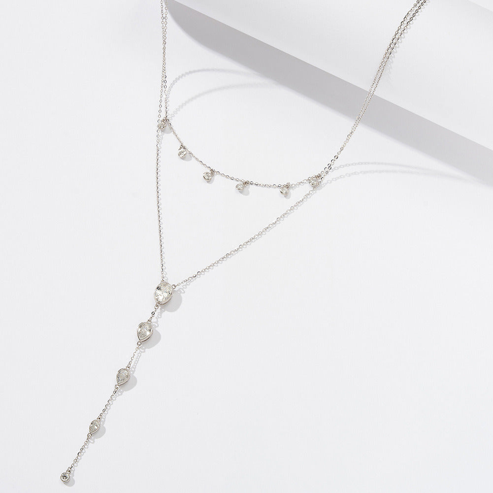 Kemstone S925 Sterling Silver Layered Lariat Necklace for Women – Elegant Y & CZ Chain Clavicle Jewelry, Silver & Gold A4-BQN16