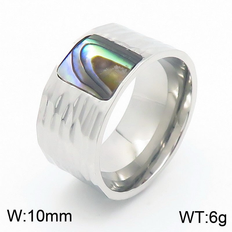 Kemstone Men’s Abalone Shell Ring – Hand-Hammered Stainless Steel Band KR110050
