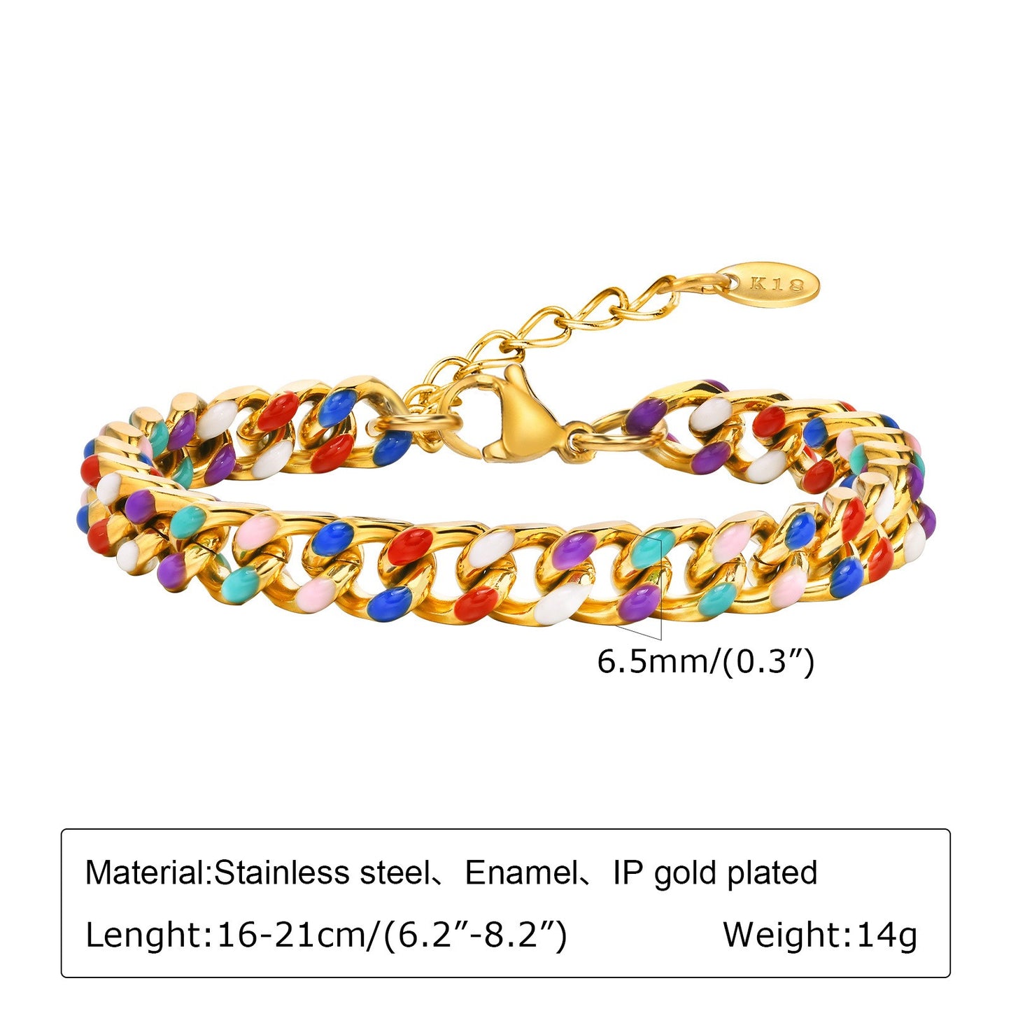 Pulsera Kemstone de acero inoxidable con cadena cubana de resina coloreada - Acabado en oro de 18 quilates, joyería de moda para mujer BR-1964