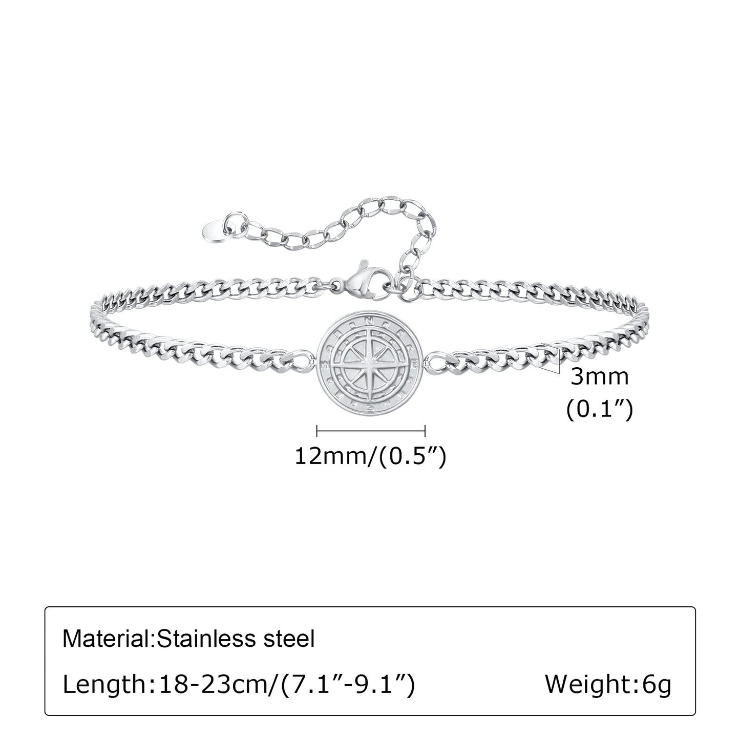 Kemstone Men’s Stainless Steel Compass Bracelet – Adjustable Minimalist Chain in Black, Gold & Silver BR2079