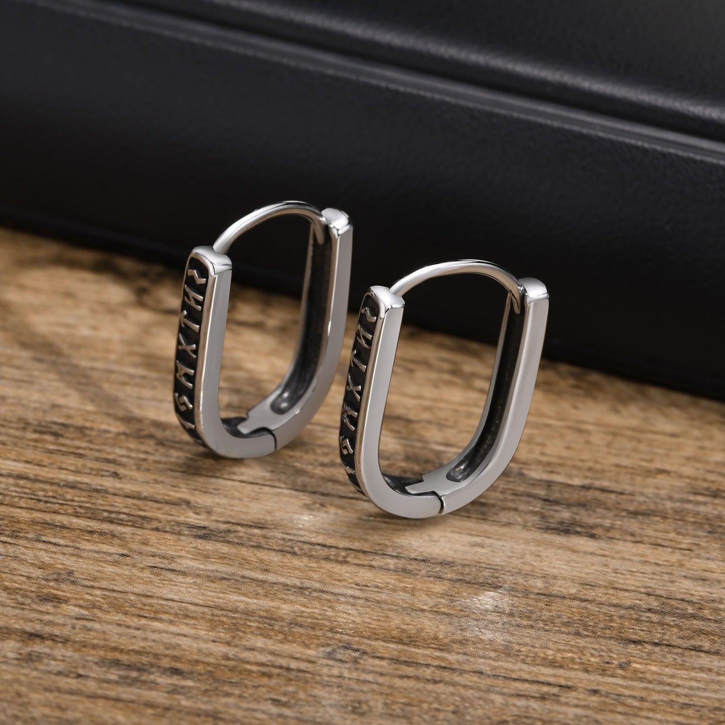 Viking Rune Stainless Steel Hoop Earrings – Nordic U-Shaped Retro Men’s Jewelry EH-521