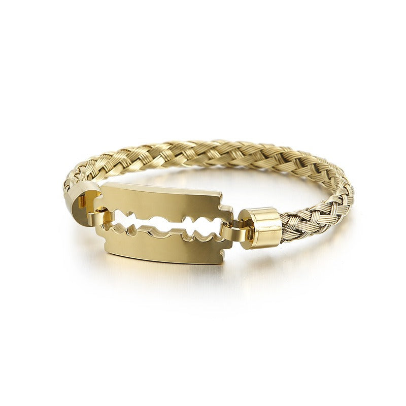 Kemstone Titanium Steel Cuff Bracelet for Men - Braided Blade Design with Premium Electroplated Finish KB130548