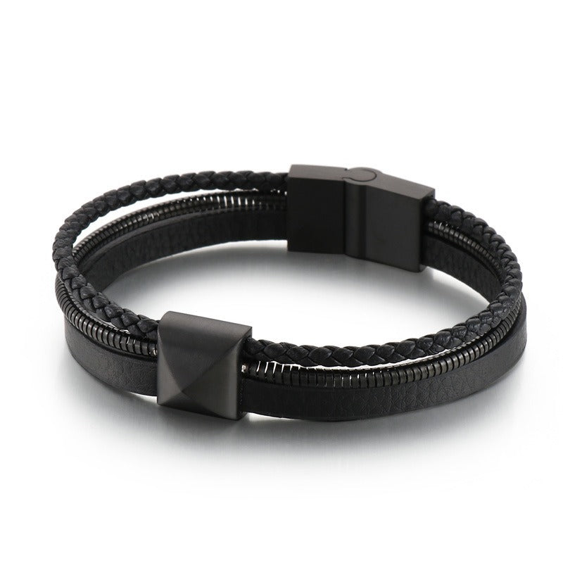 Kemstone Men’s Titanium Steel Leather Bracelet – Gold Snake Chain Wristband KB147381