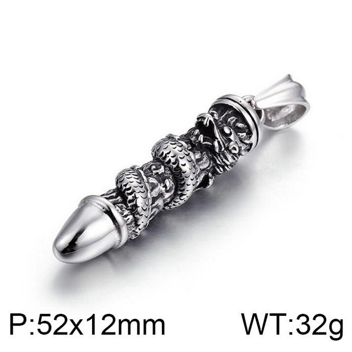 Kemstone Dragon-Wrapped Bullet Pendant – Titanium Steel Necklace for Men, Rugged Norse-Inspired Urban Style KP55643
