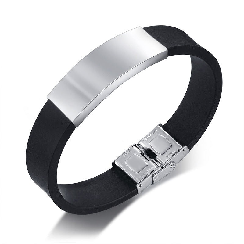 Kemstone Silicone & Stainless Steel Bracelet – Engravable Curved Plate Men’s Wristband BS-076