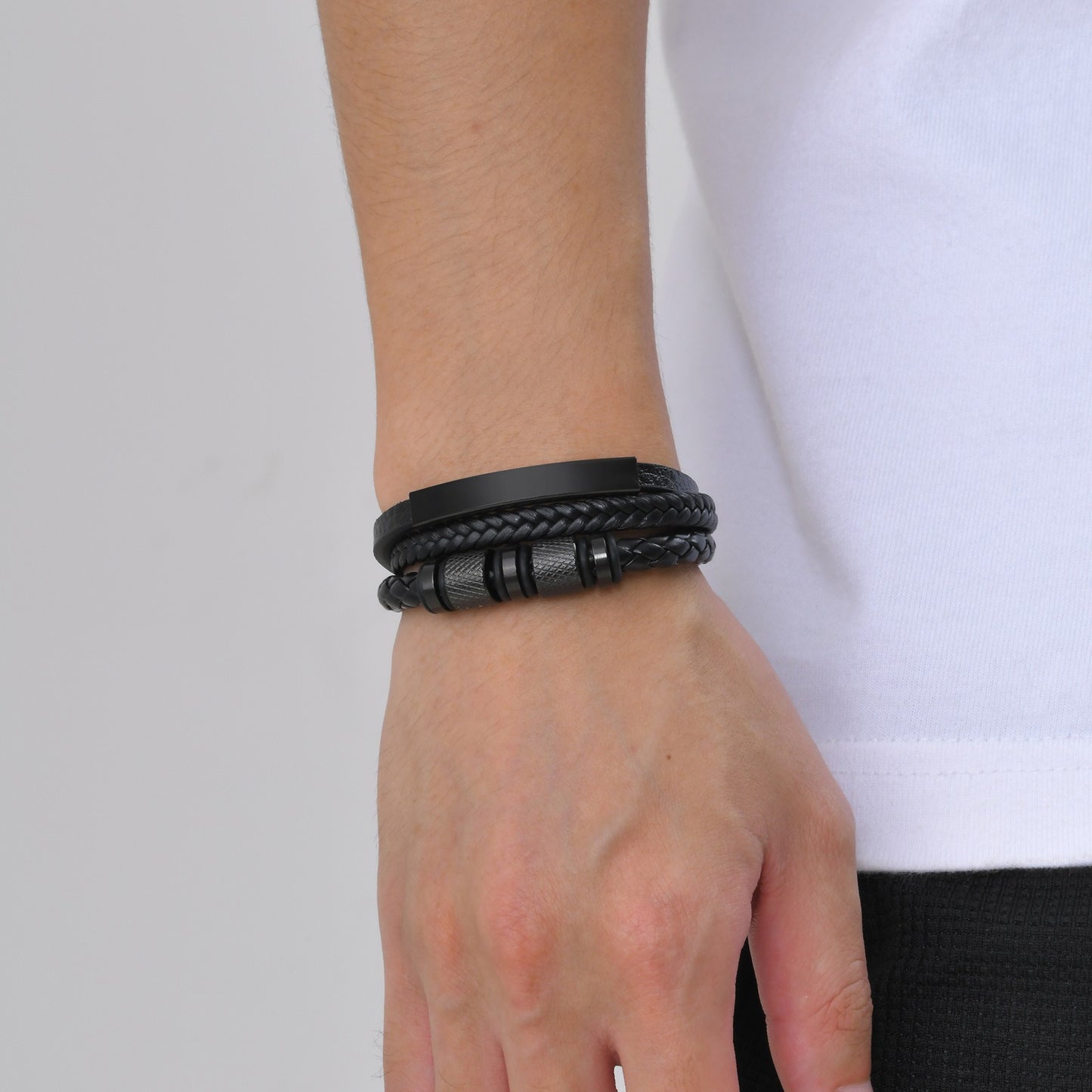 Kemstone Men’s Black Leather Bracelet – Braided Band with Titanium Steel Detail BL-703