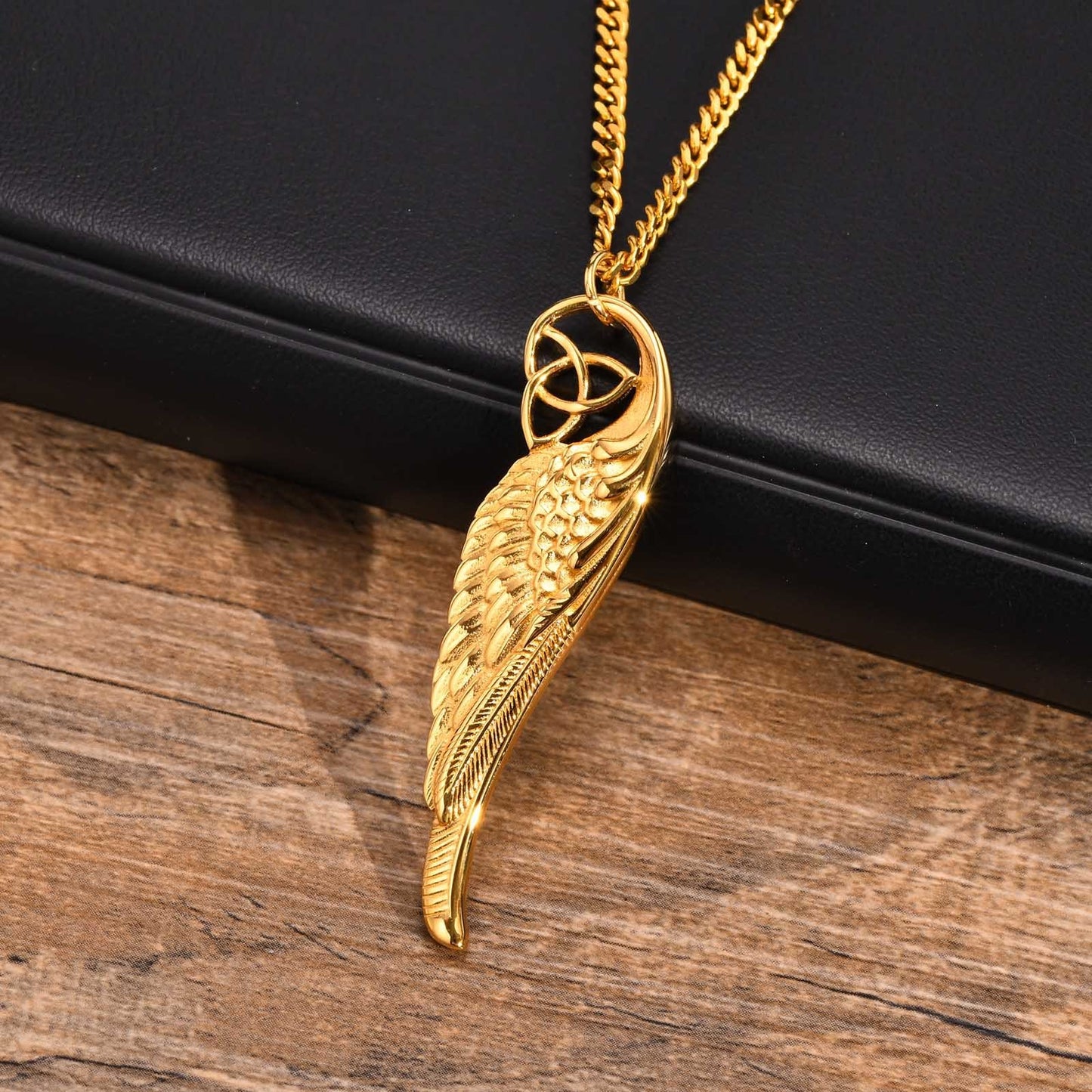Kemstone Men’s Stainless Steel Celtic Knot Angel Wing Necklace – Vintage Pendant Gold/Black PN-1682