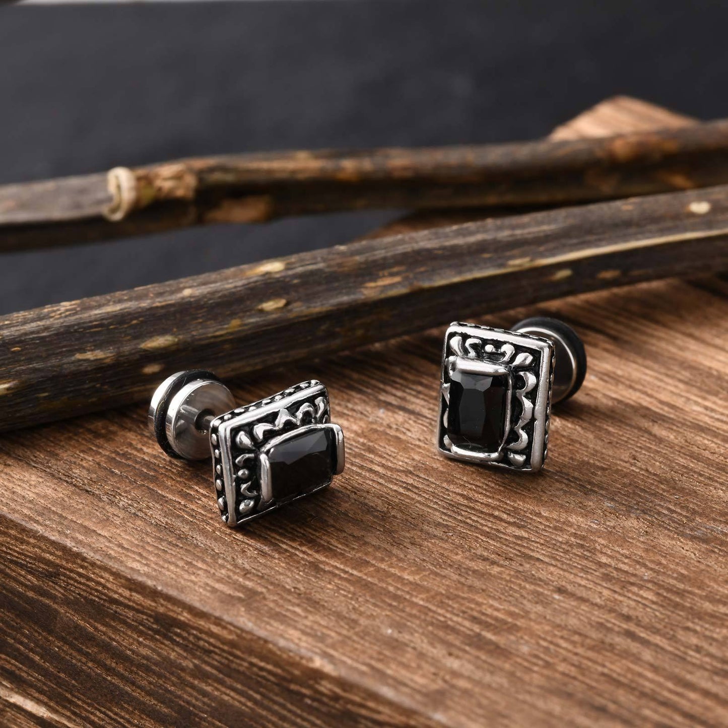 Kemstone Matte Black Steel Earrings – Geometric Zircon Studs for Men