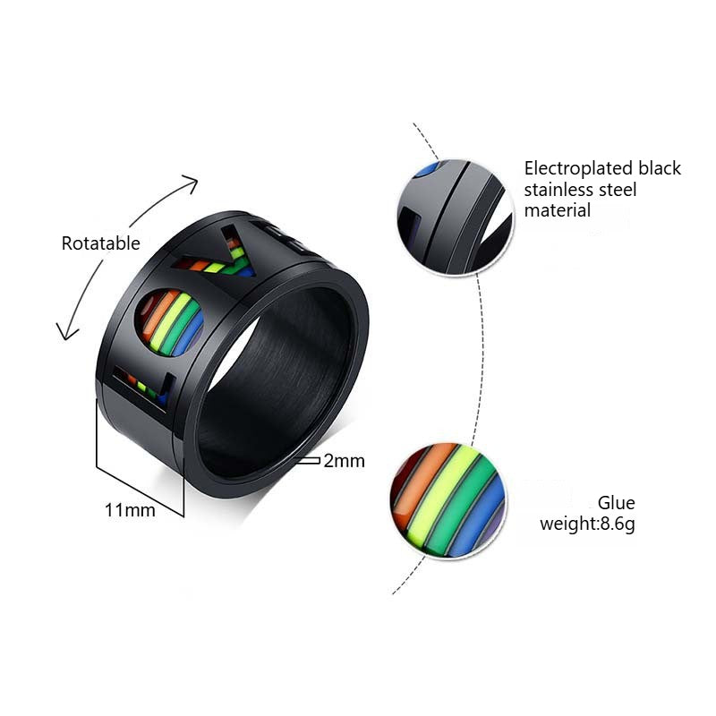 Kemstone Rotating Rainbow Inlay Stainless Steel Spinner Ring for Men – 11mm Band PR-029B