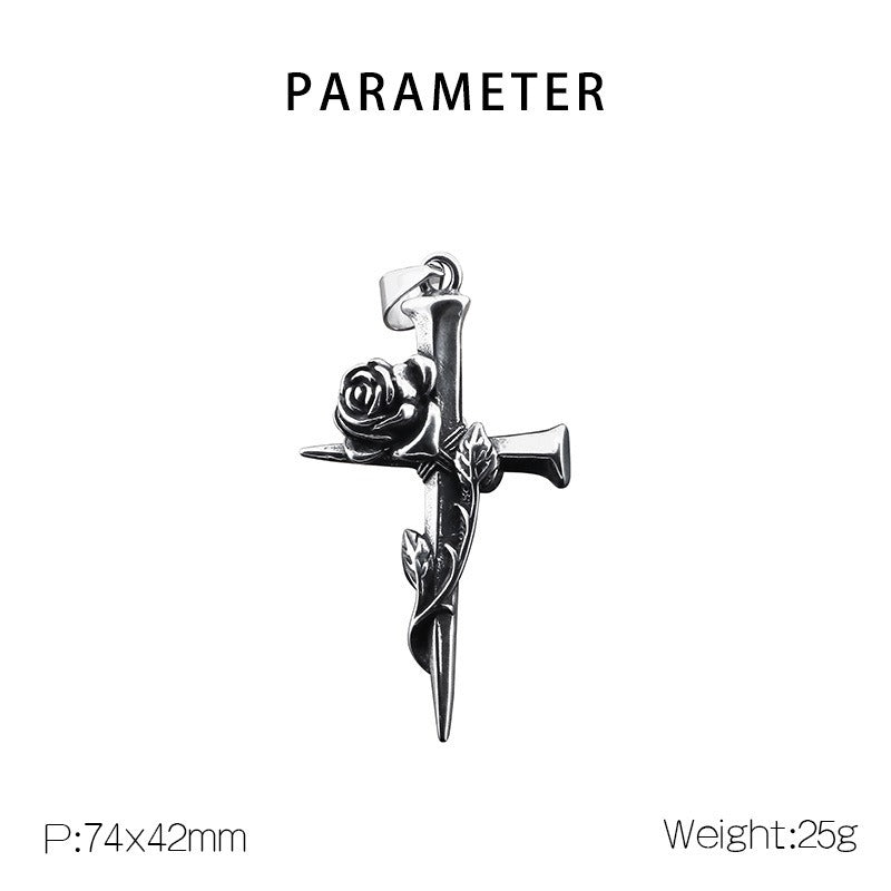 Kemstone Gothic Rose Cross Necklace – Vintage Nail-Detail Stainless Steel Pendant for Men’s Streetwear Style KP130372