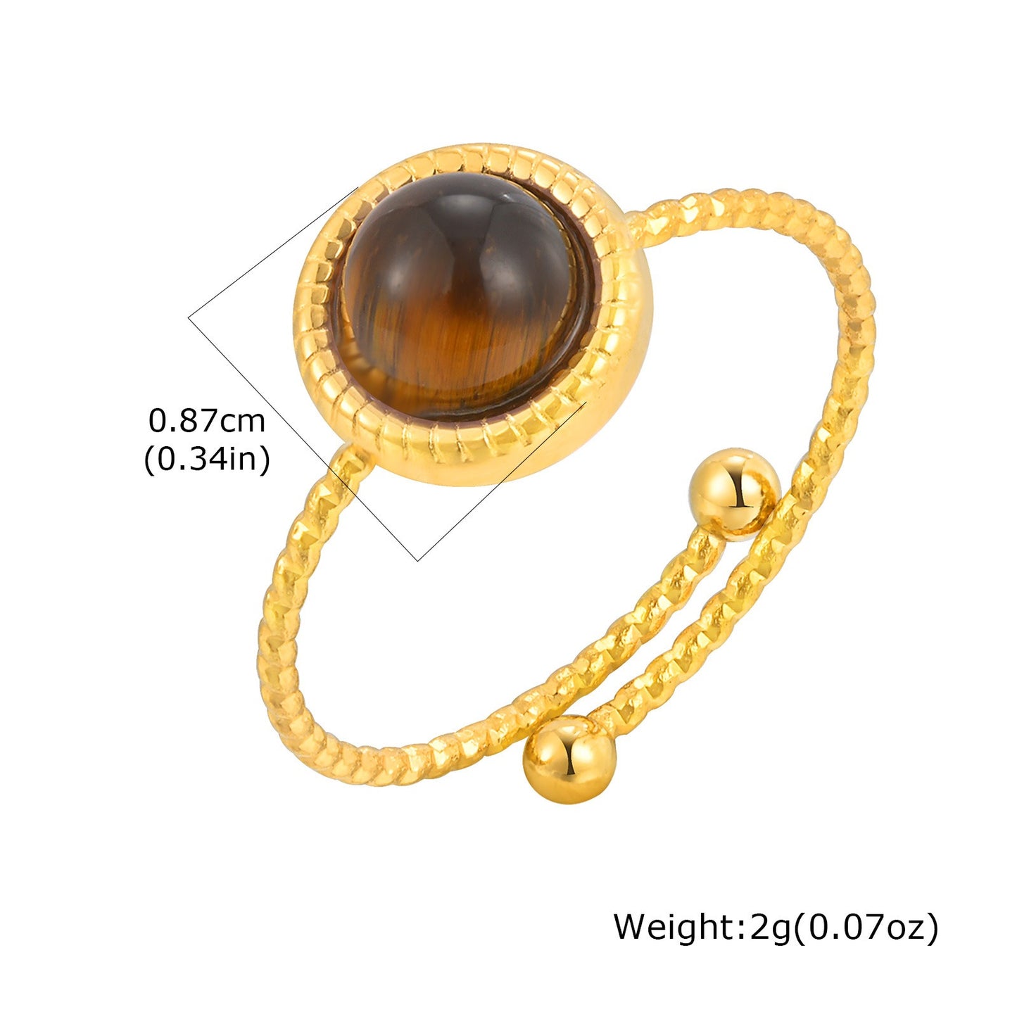 Anillo ajustable de acero inoxidable Kemstone con extremo abierto y cristal de ojo de tigre natural en forma de huevo - Joyería minimalista para uso diario RC-819