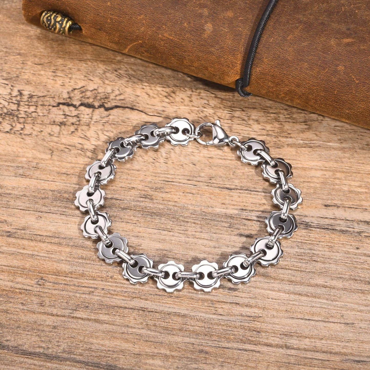 Pulsera de cadena de acero inoxidable Kemstone hecha a mano - Motivo solar gris acero - Accesorio cotidiano BR-1936