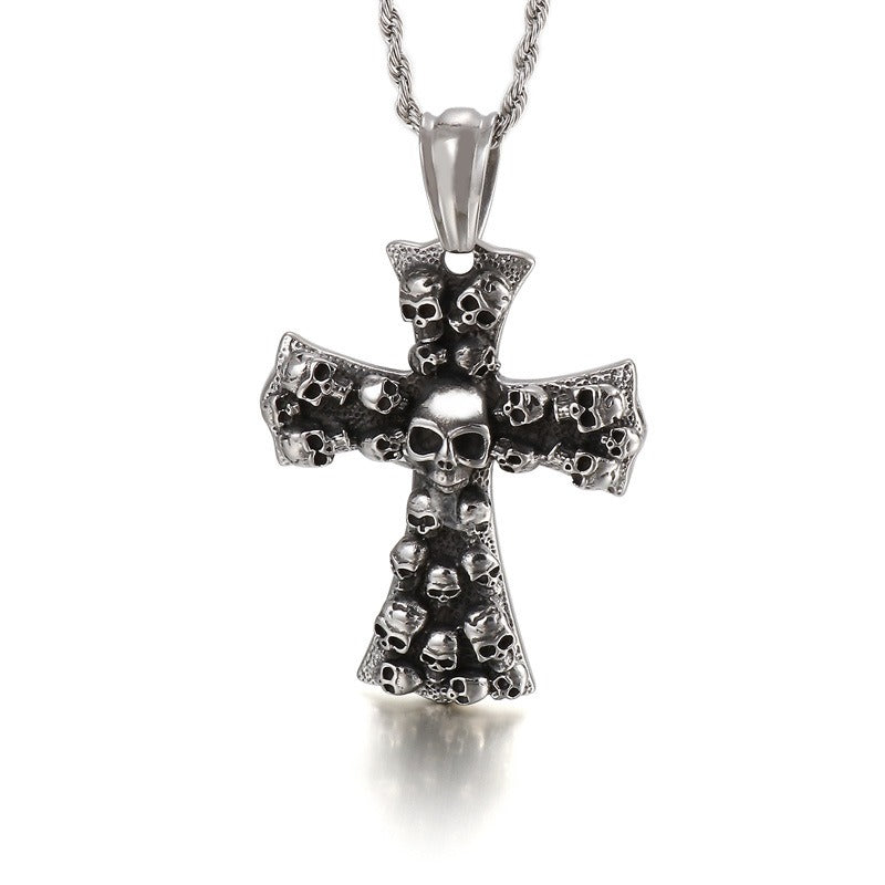 Kemstone Gothic Skull Cross Necklace – Matte Black Punk Pendant for Men KP55728-B