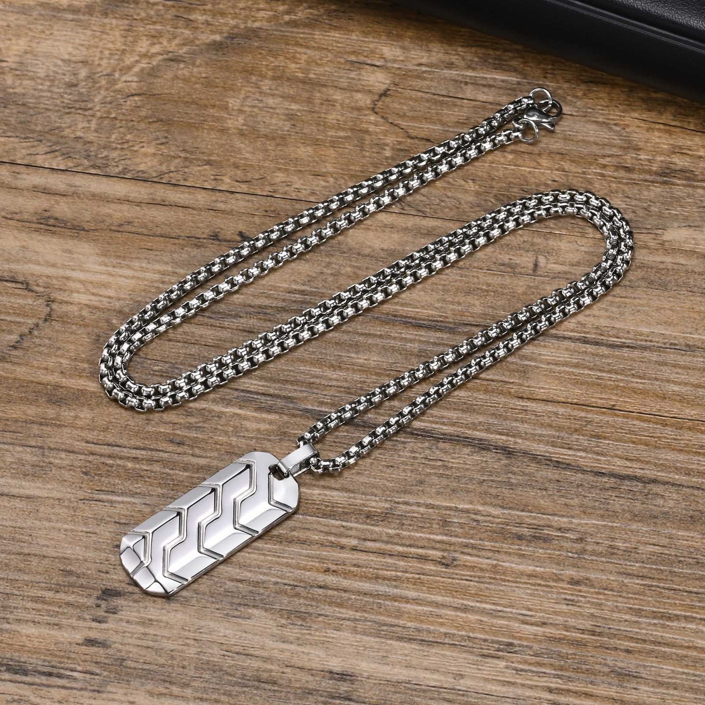 Tire Tread Pendant Necklace for Men – Stainless Steel Geometric Dog Tag PN-1857