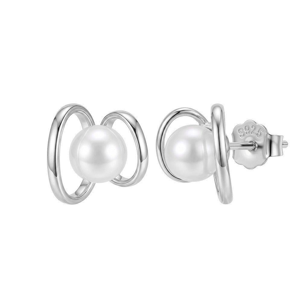 Kemstone Double Loop Shell Pearl Stud Earrings for Women 925 Sterling Silver PSE16