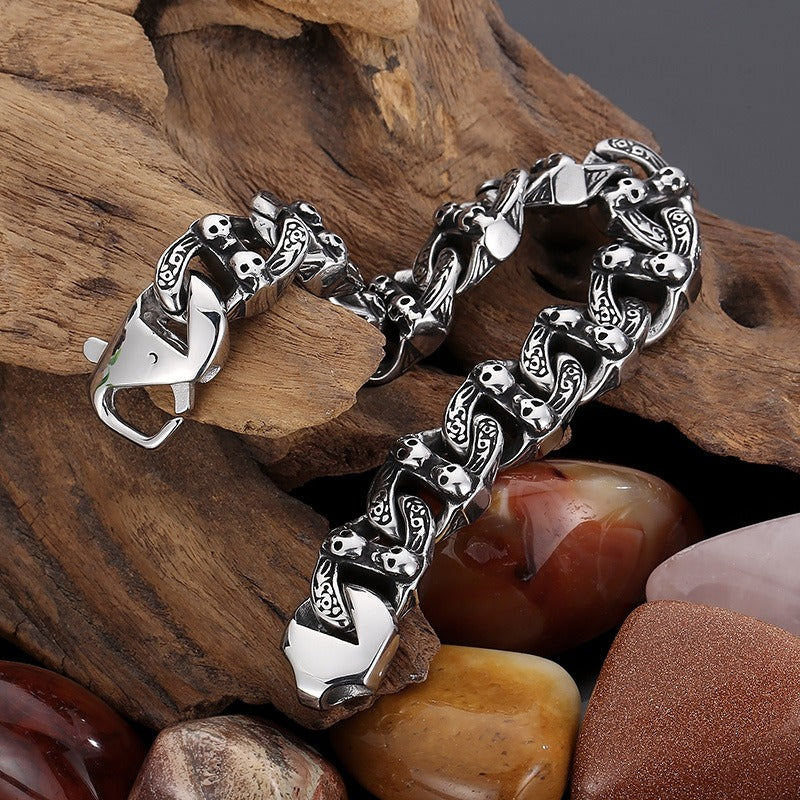 Kemstone Matte Black Skull Bracelet – Titanium Steel Cuban Chain for Men | Gothic Punk Streetwear Jewelry KB162805-KJX