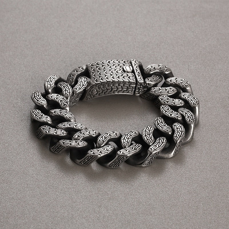 Kemstone Trident Textured Curb Chain Bracelet – Heavy Stainless Steel Viking Punk Streetwear KB179929