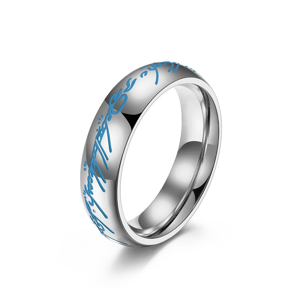 Kemstone Glow in the Dark Elvish Ring β Titanium Steel Script Band Gothic Norse Fantasy | K-R740