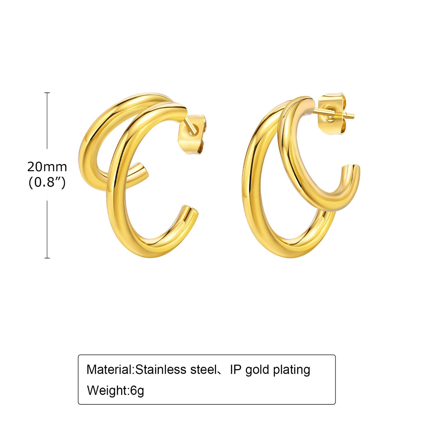 Pendientes de aro doble de acero inoxidable Kemstone | Accesorios minimalistas en forma de C para mujer EH-509