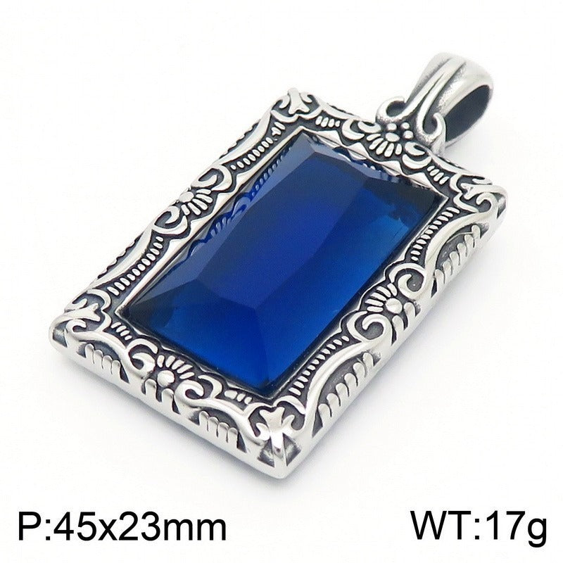 Kemstone Vintage Square Pendant – Titanium Steel Necklace with Scrollwork & Blue-Black Stone | Gothic Street Style for Men KP130520-TGX