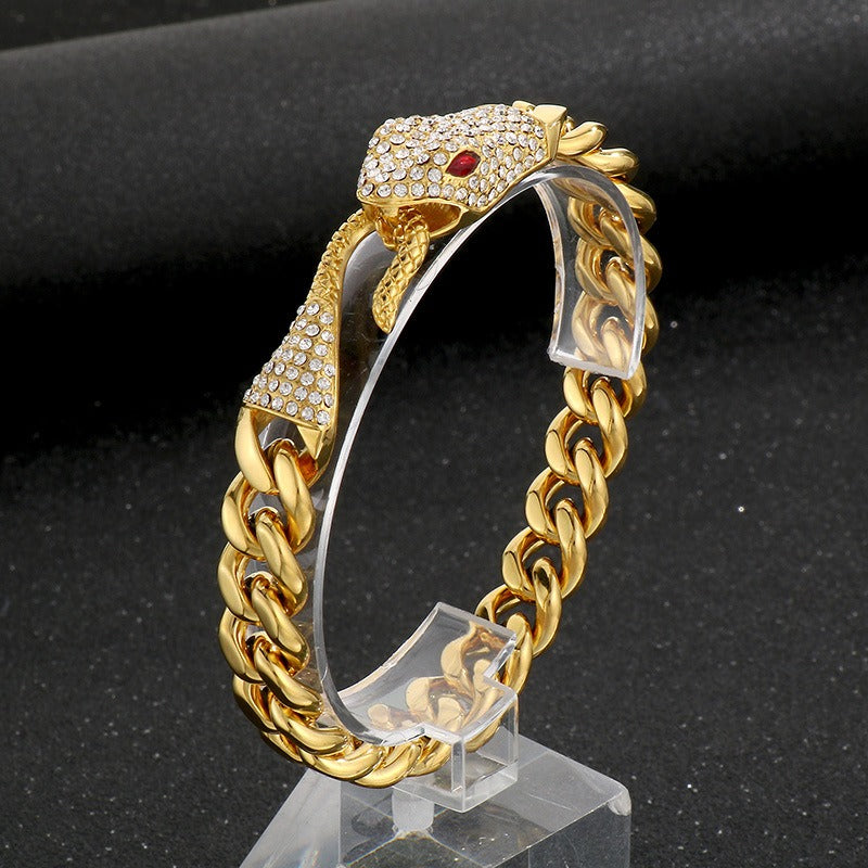 Kemstone Titanium Steel Cuban Chain Bracelet – Double-Sided Polished Hip Hop Snake Head, Green or Red Eyes KB185251