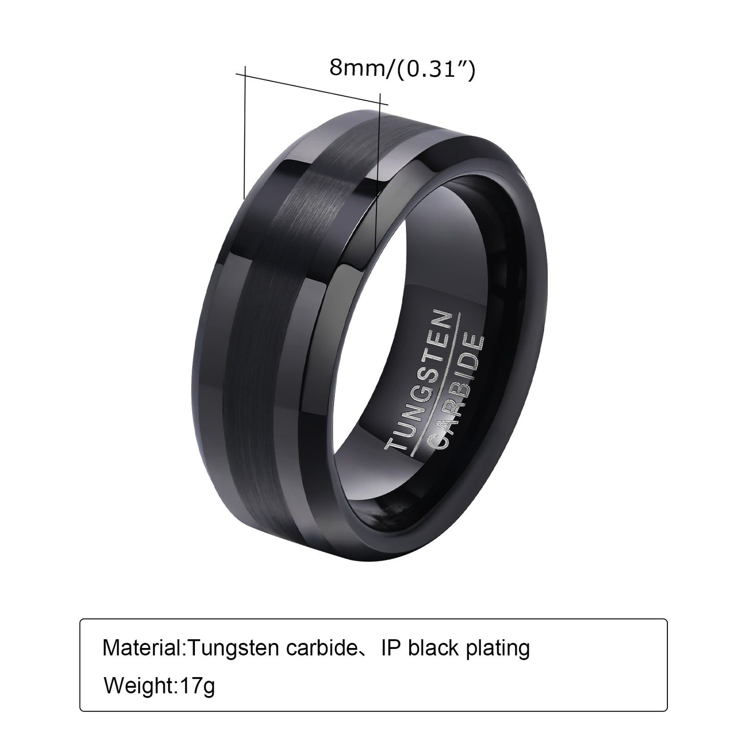 Tungsten Carbide Men's Ring – 8mm Brushed Band | Black & Silver Heavyweight Ring TCR-014