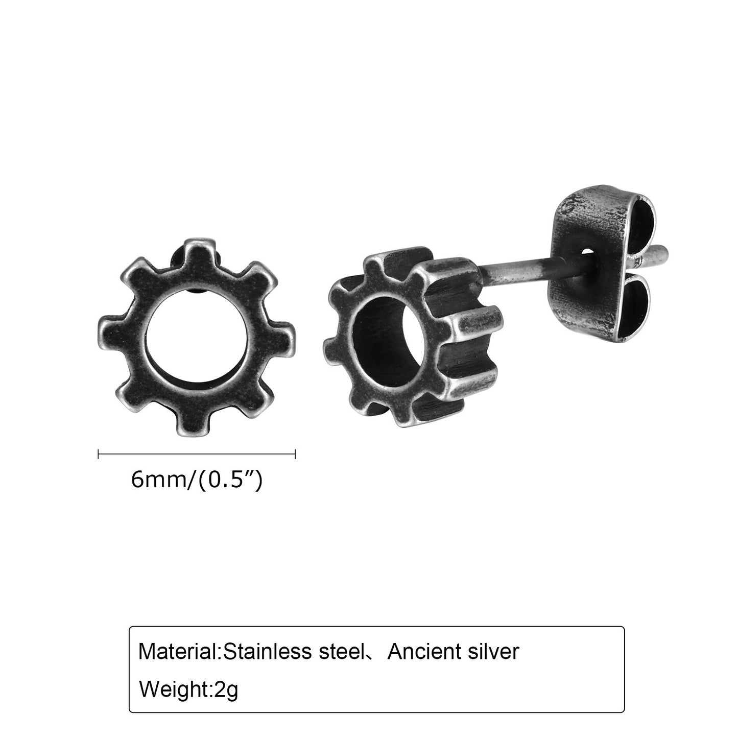 Gear Stud Earring for Men – Vintage Gray Stainless Steel Gothic Punk Jewelry ES-529