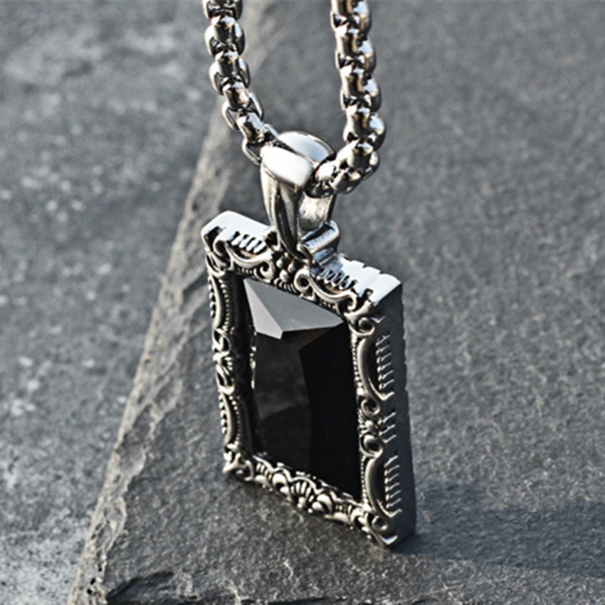 Kemstone Black Stone Pendant Necklace for Men Titanium Steel Vintage Frame P0791