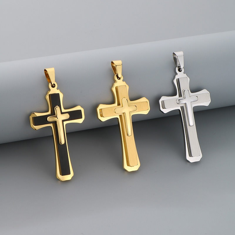 Kemstone Titanium Steel Vintage Bamboo Chain Necklace – Triple Cross Pendant for Men KN288587-K