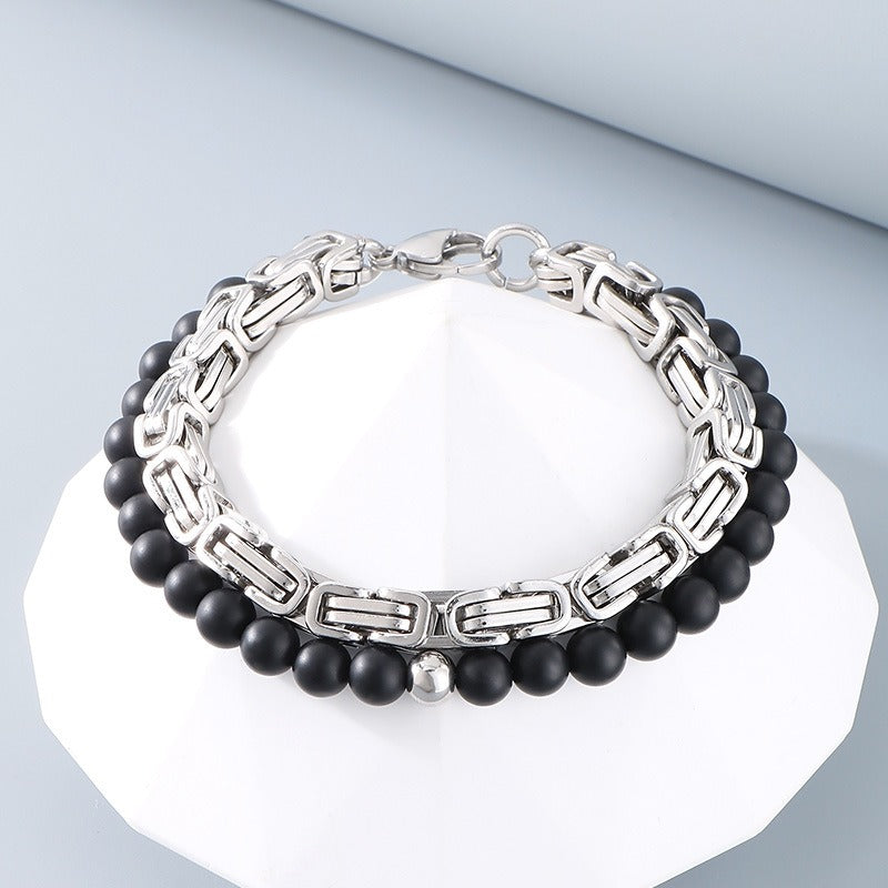 Kemstone Double Chain Bracelet for Men – Stainless Steel & Black Agate Beads, Viking Punk Style