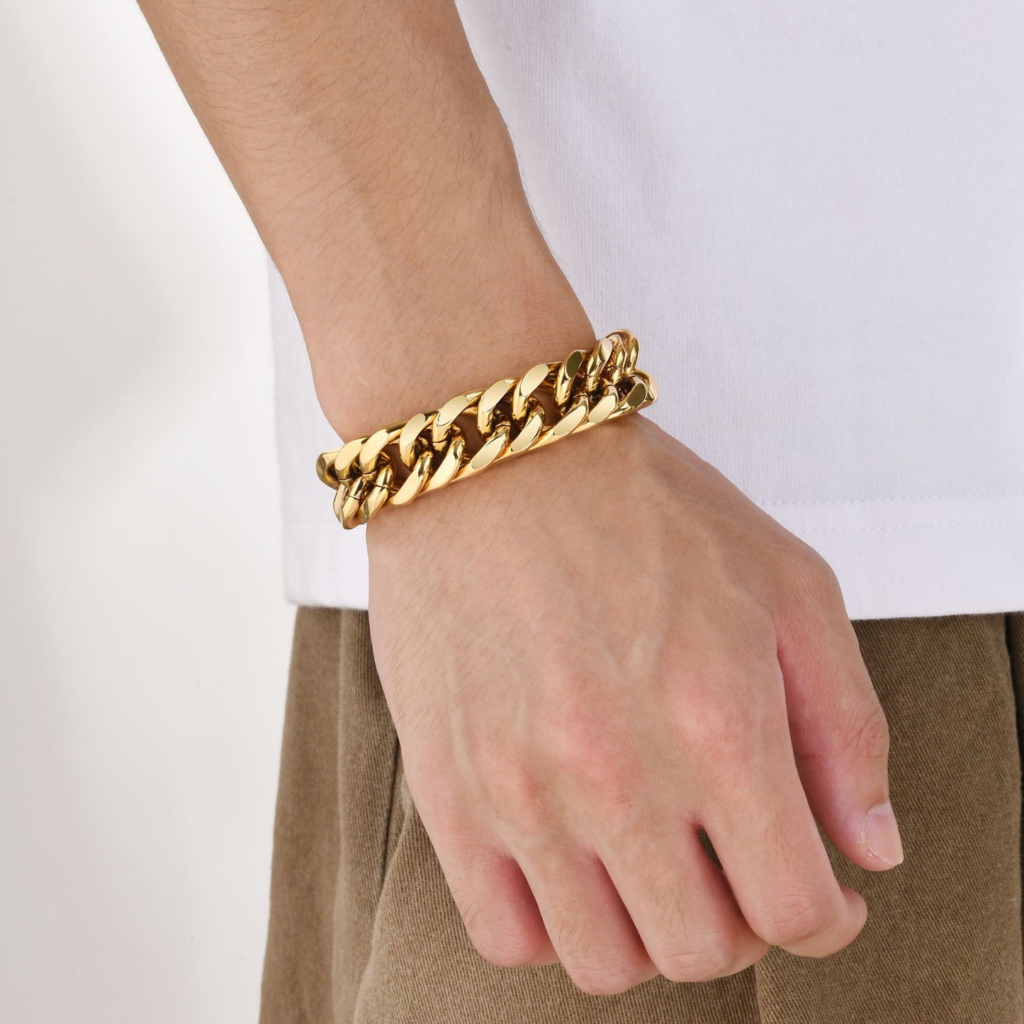 Bracciale da uomo Kemstone in acciaio al titanio, doppio intreccio, fatto a mano, lucido, BR-1369, 15 mm