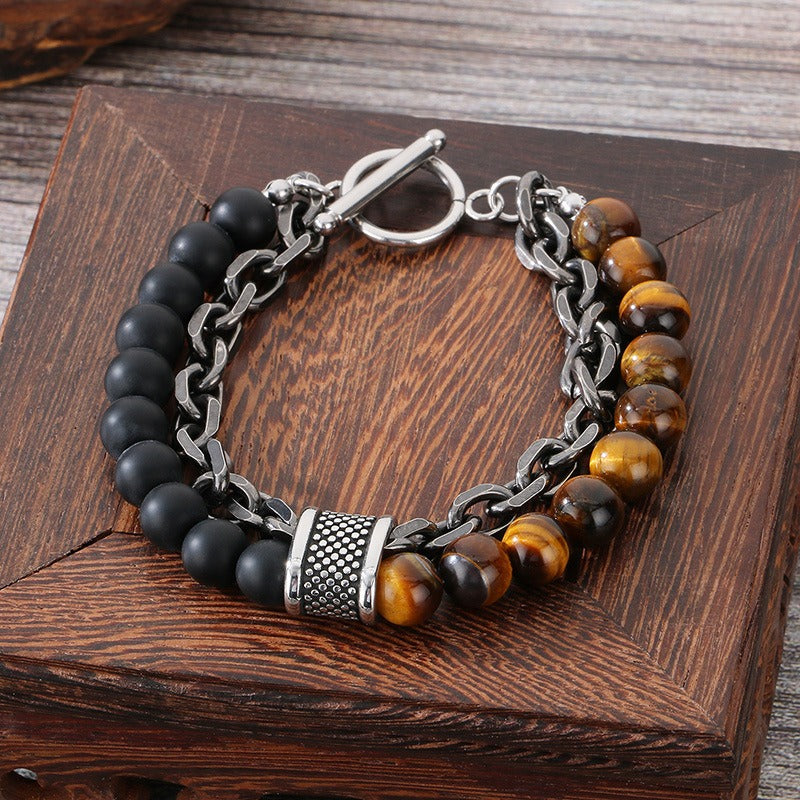 Kemstone Tiger Eye & Turquoise Bead Bracelet – Dual-Layer Steel Chain Men’s Jewelry with Vintage Map Stone Vibe KB182645