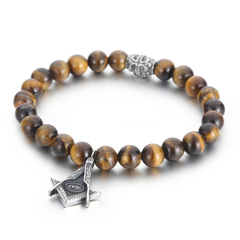 Kemstone Black Onyx Beaded Bracelet – CZ Crown, Freemason Cross & Tiger Eye Accent for Men’s Gothic Streetwear KB69789-BD