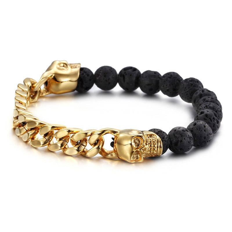 Kemstone Stainless Steel Skull & Volcanic Stone Mala Bracelet – Ethereal Energy Fusion KB66361