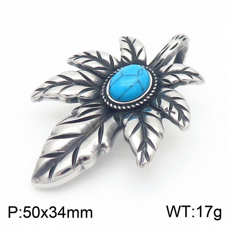 Colgante vintage de hoja de arce botánica Kemstone - Collar de acero inoxidable estilo punk para hombre con incrustaciones de turquesa KP130912