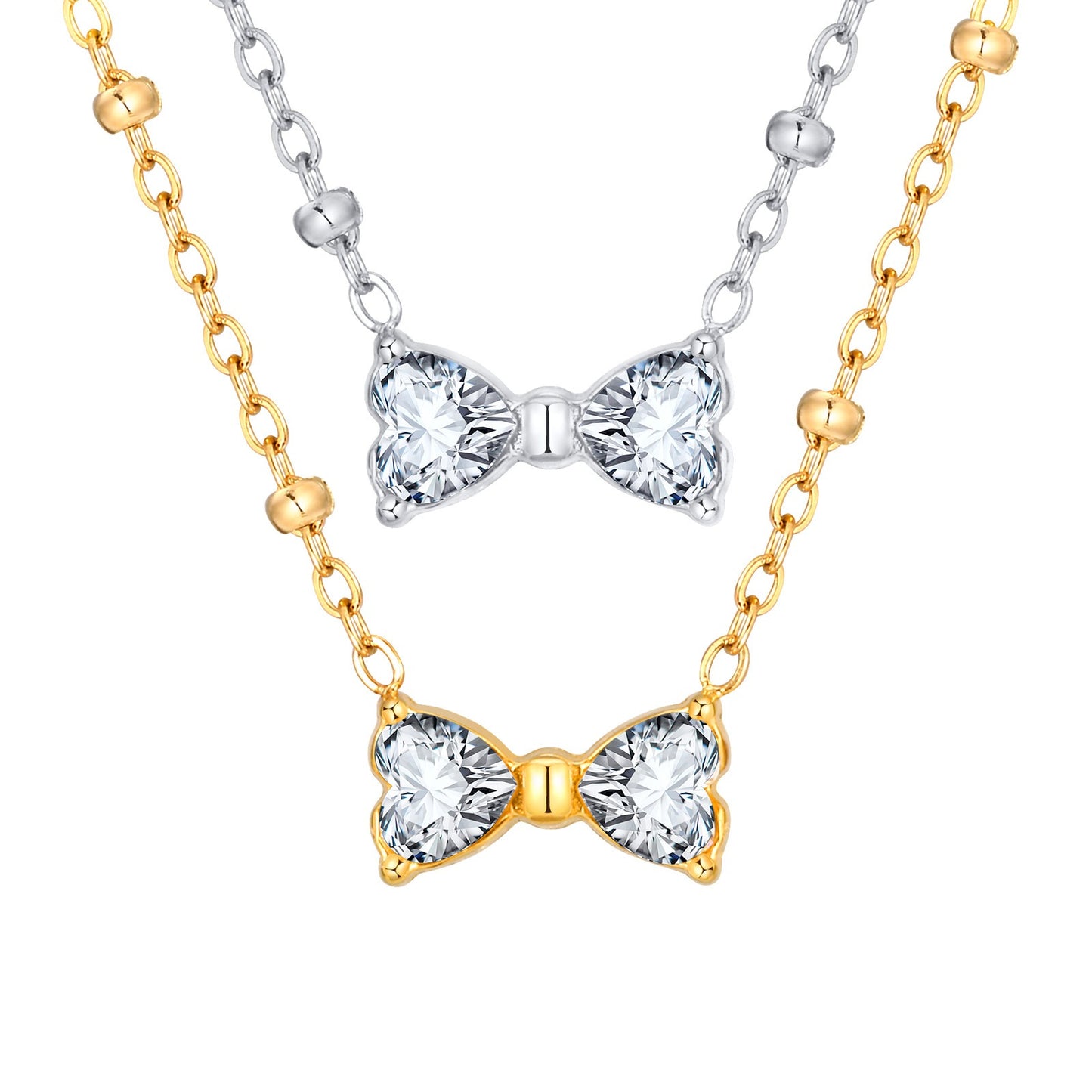 Delicado collar de lazo de acero inoxidable Kemstone con circonitas de cristal y cadena de cuentas. Joyería minimalista en tono dorado para mujer. NC-1718