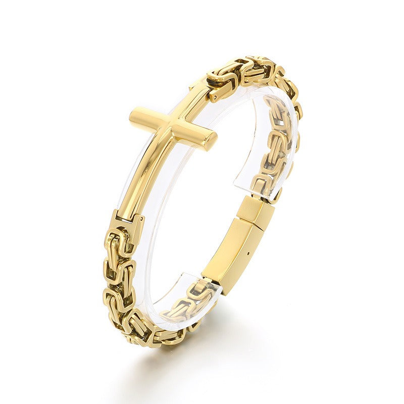 Kemstone Rock Revival Cross Cuff - Byzantine Chain Titanium Bracelet for Men with Vintage Gothic Motif KB190501