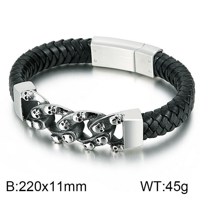 Kemstone Stainless Steel Skull Anchor Braided Leather Cuff Bracelet Punk Biker Style KB53392-K