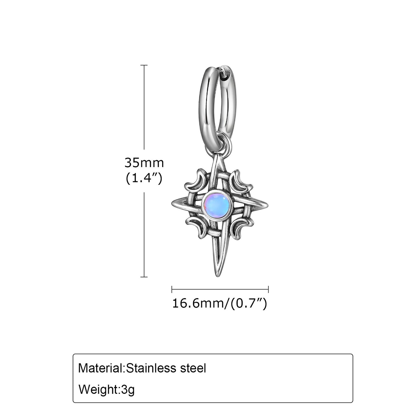 Kemstone Celtic Stainless Steel Moonstone Hoop Earring for Men – Gothic Star & Triquetra Drop Design 769