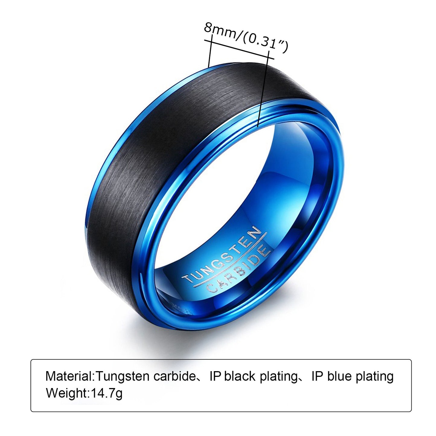 Anello in acciaio al tungsteno Kemstone da uomo - Moderno anello minimalista unisex nero opaco/blu acciaio/grigio satinato | Gioiello resistente e antigraffio TCR-015