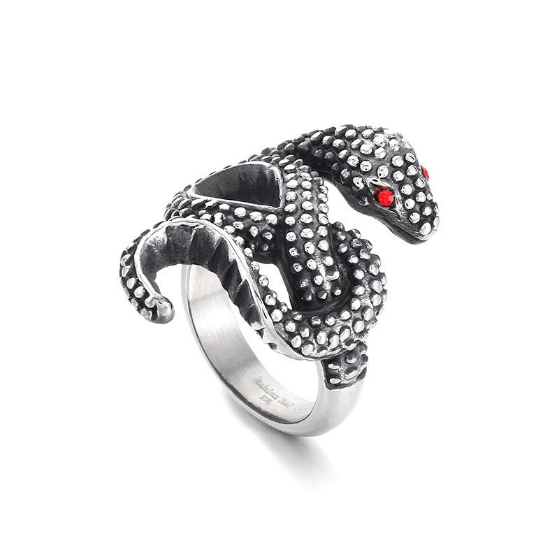 Kemstone Serpentine Titanium Steel Ring - Coiled Snake Design with Ruby Eyes, Vintage Gothic Jewelry for Men KR105952