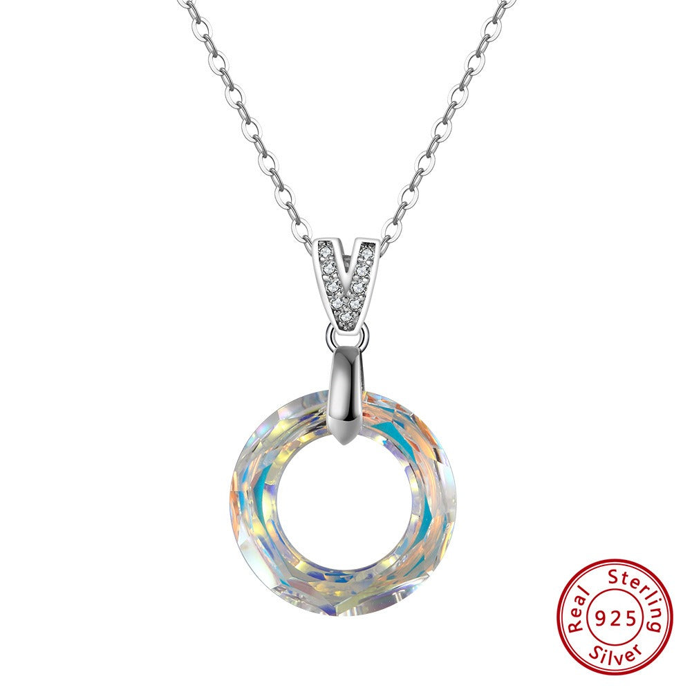 Kemstone 925 Sterling Silver Crystal Circle Pendant Necklace for Women Minimal Clavicle Chain SWN24